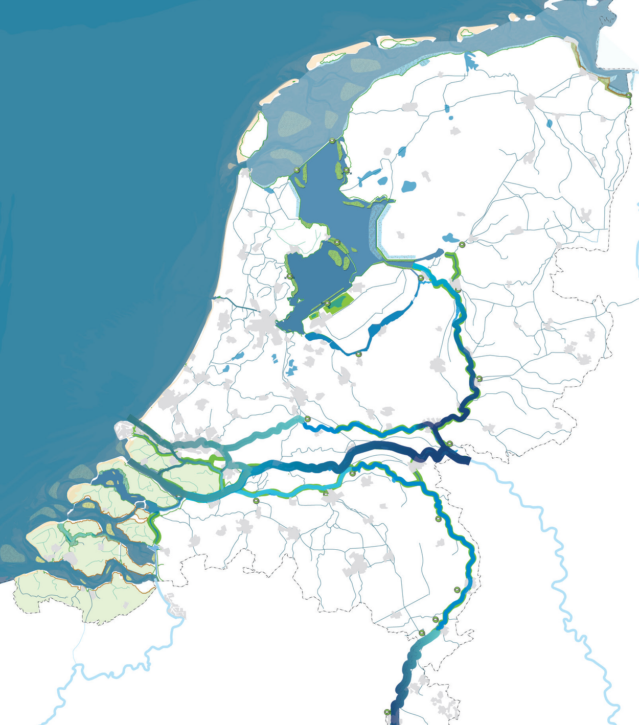 Kaart met grote wateren in Nederland
