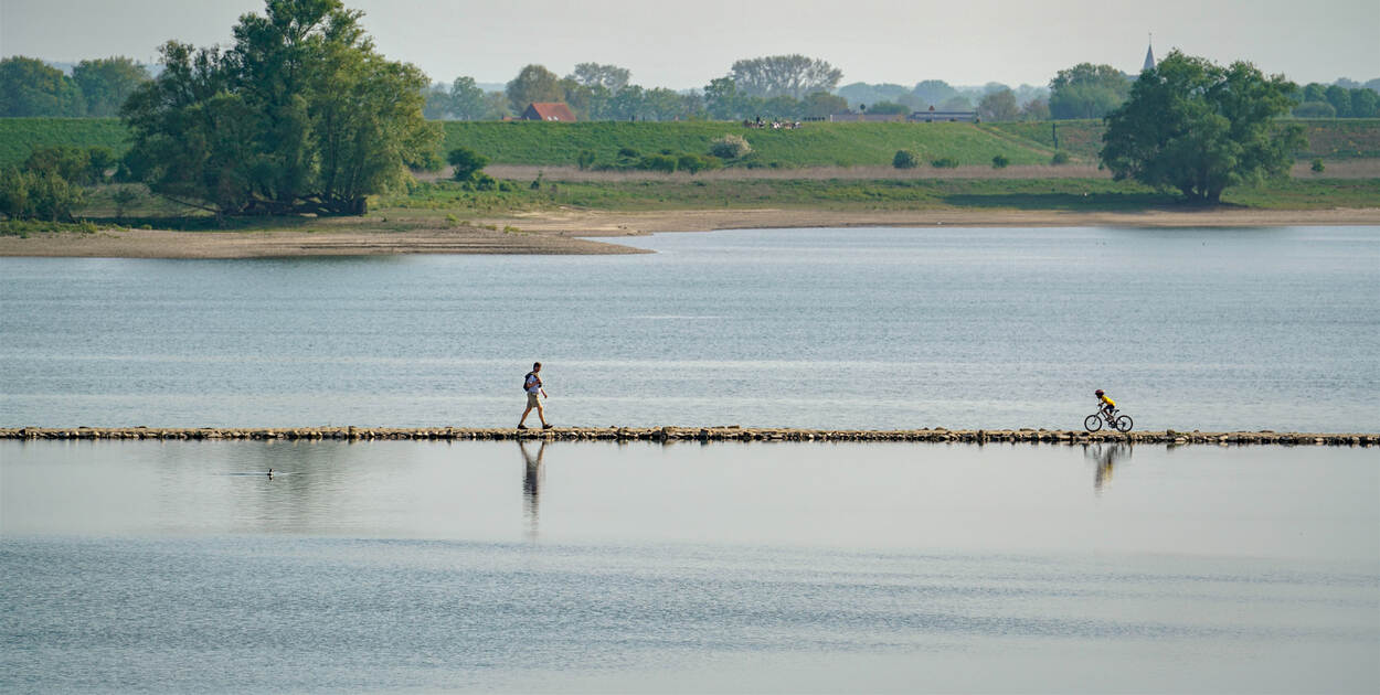 Twee fietsers rijden elkaar tegemoet schijnbaar over het water in de Millingerwaard