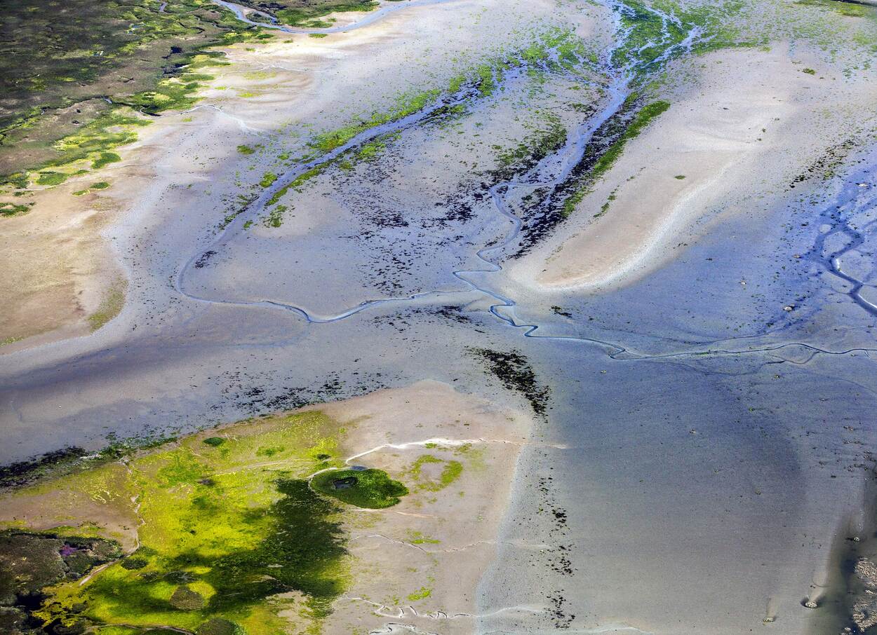 Luchtfoto van het Oosterscheldegebied met water, kreken en geulen  bij Tholen in Zeeland