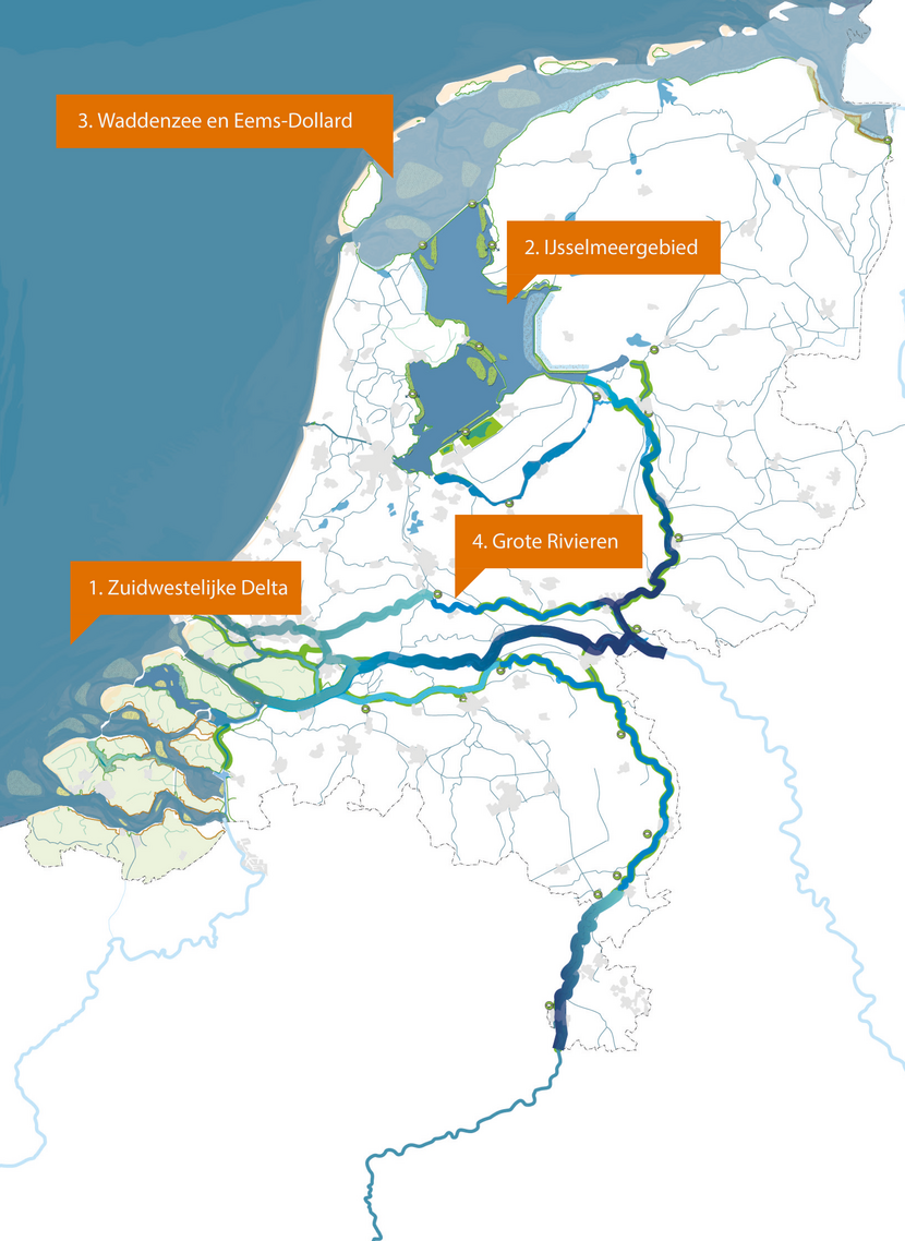 Kaart van Nederland met aanduiding ecologische waterkwaliteit in 4 grote wateren